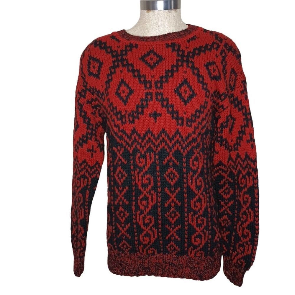 Vintage Robert Stock Sweater Mens Sz XL Hand Knit Wool Red Black Geometric